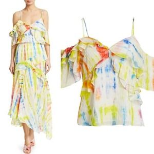 TANYA TAYLOR Tavia Cold Shoulder Ruffle Detail Silk Tie-Dye Top